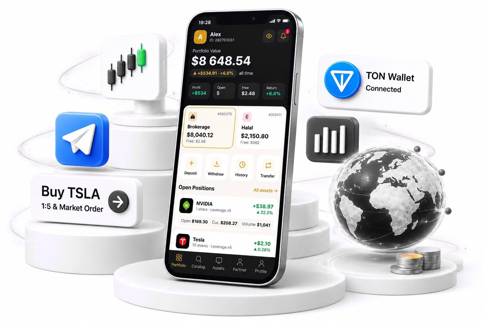 OST brokerage inside Telegram — 3D app mockup