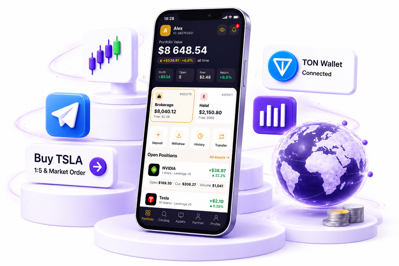 OST brokerage inside Telegram — 3D app mockup