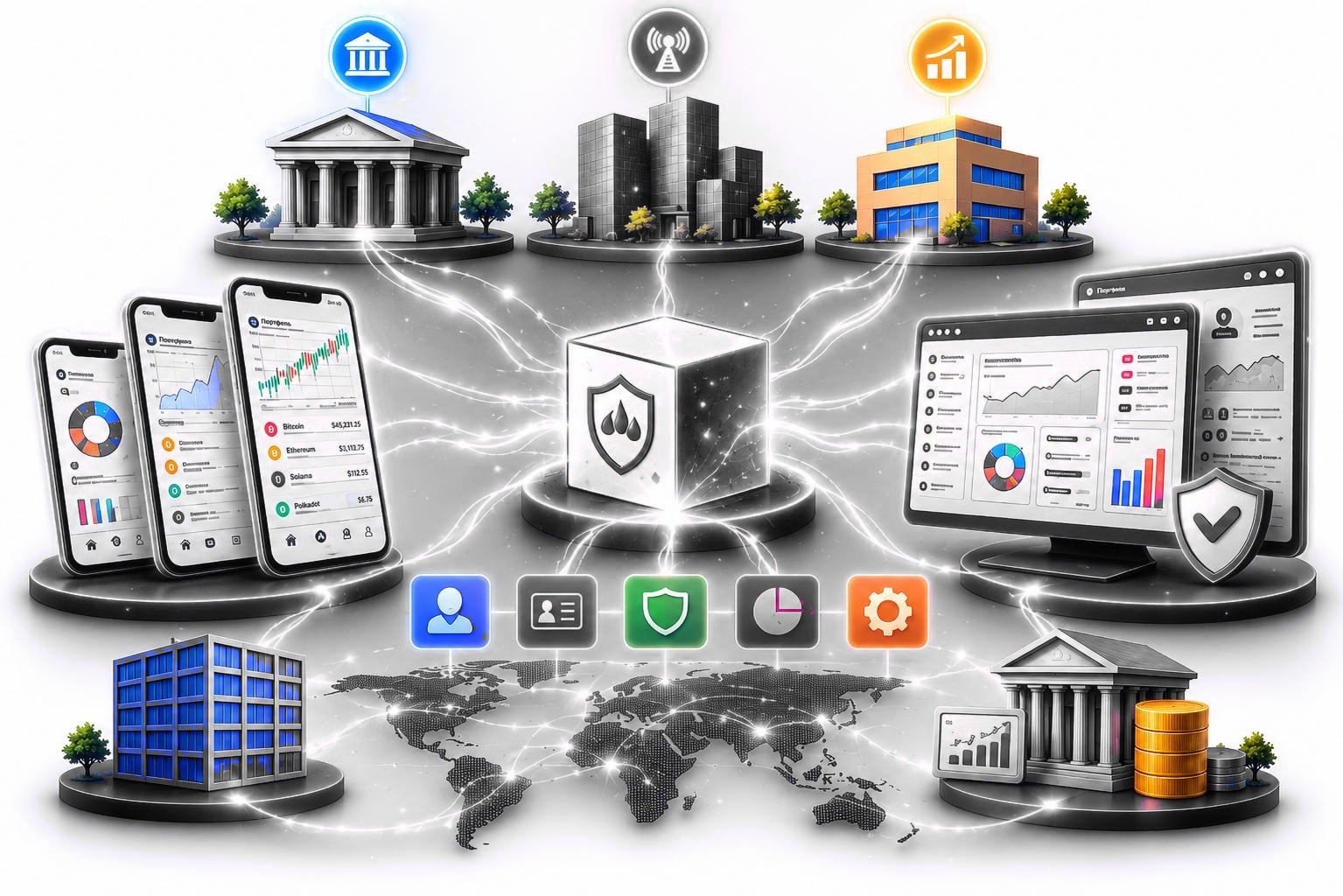 MTG Group investment infrastructure — banks, telecoms and digital platforms connected to global markets via a single regulated engine